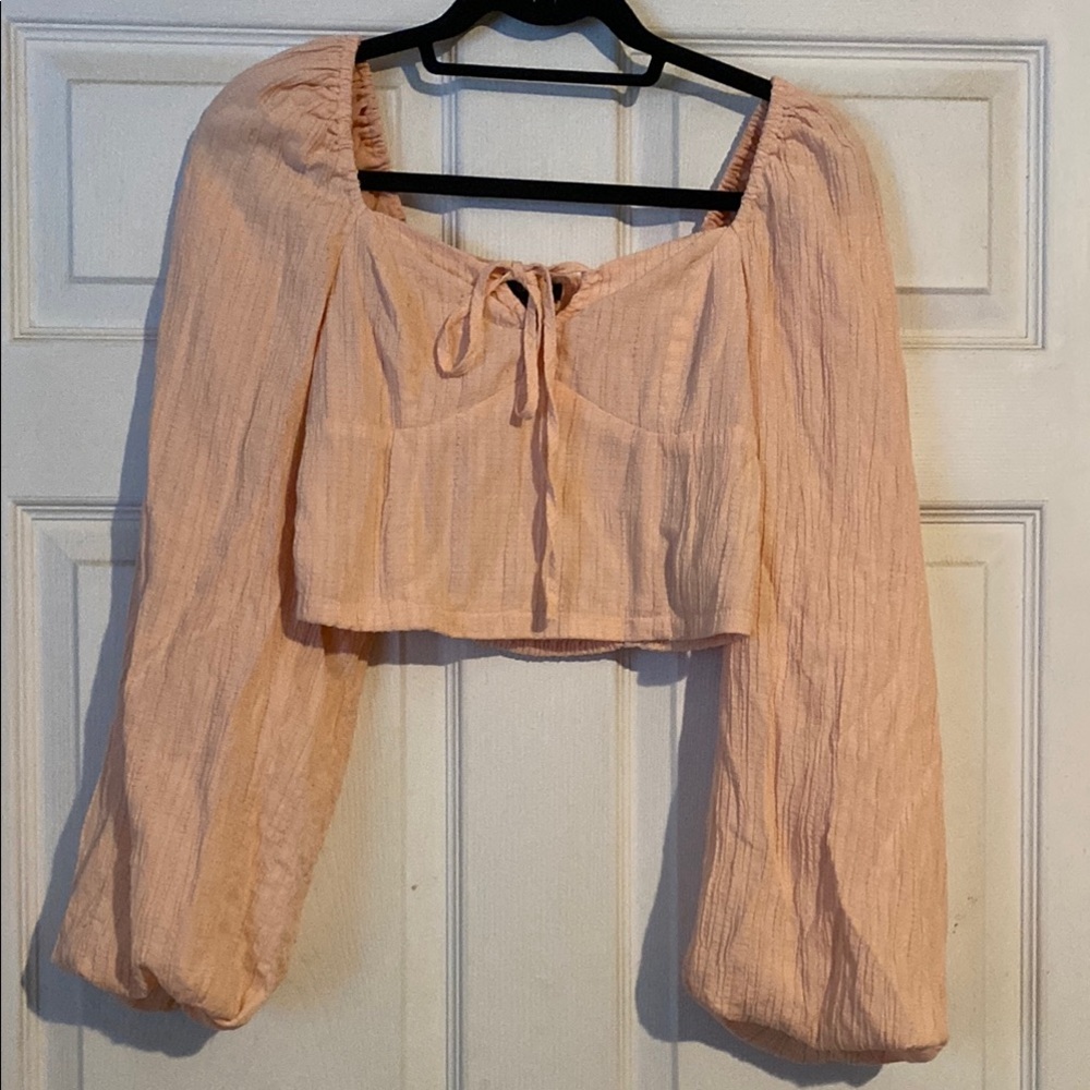 Forever 21 Tan Crop Blouse with Smocked Tie Front